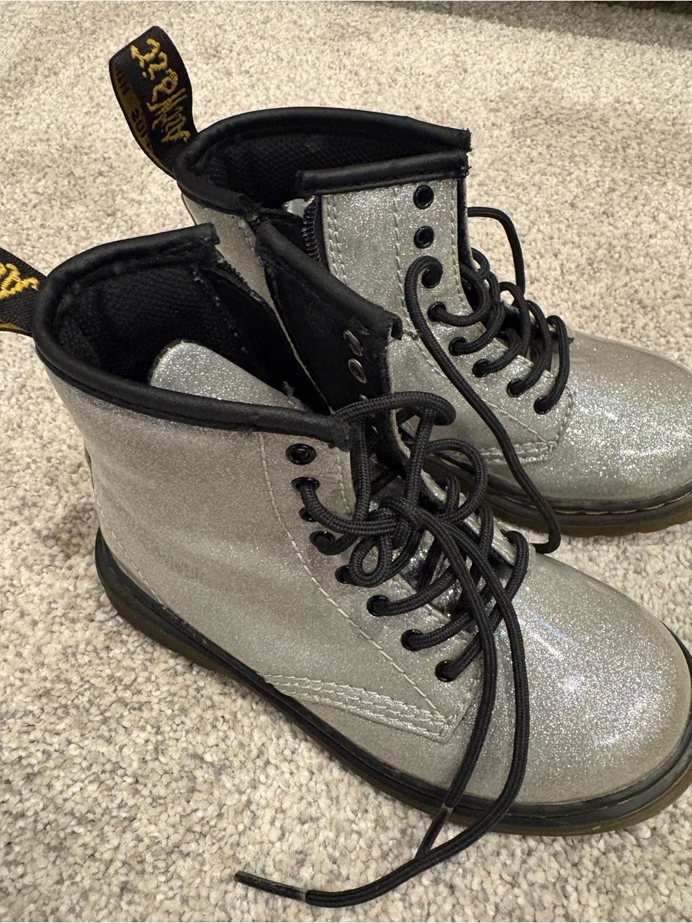 Dr. Martens Kids Silver Glitter Lace-Up Boots with Black Trim